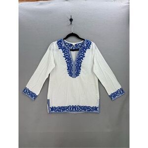 Artisan NY Womens White Blue Embroidered Split Neck Tunic Top Blouse Size Small